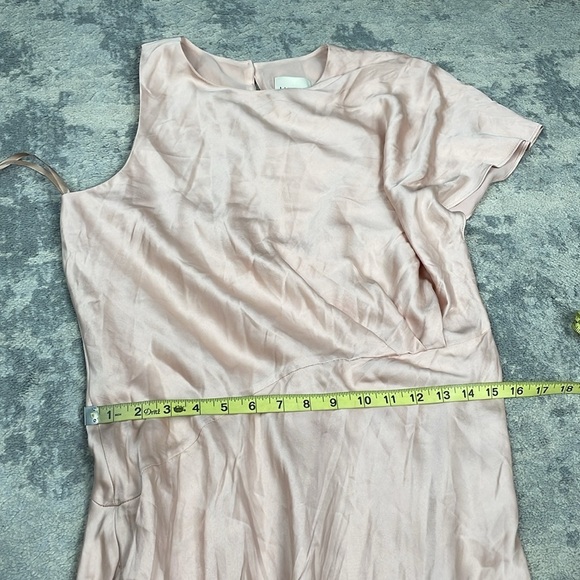 NWT Luxely Asymmetric Satin Maxi Dress Ruffle Sleeve Gathered Waist Blush Sz 8 - Picture 10 of 14